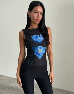 Motel Rocks Vest Tops | Printed Tops-Hala Top in Black with Blue Watercolour Flower BlackwithBlueWatercolourFlower