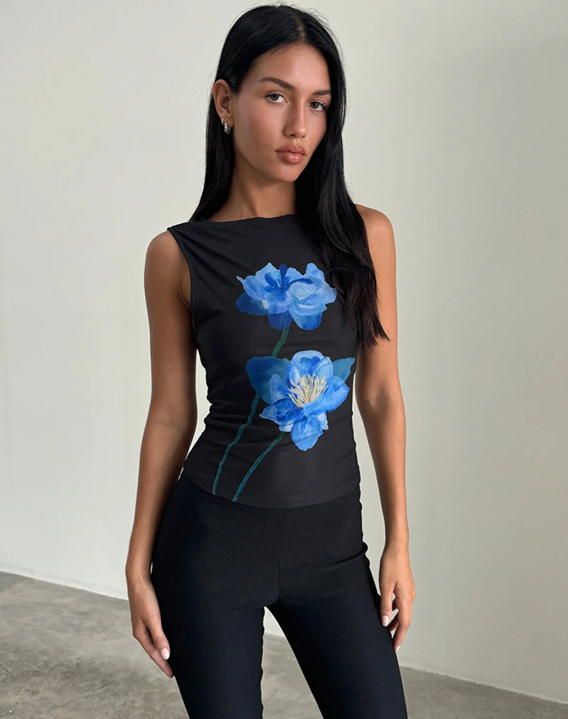 Motel Rocks Vest Tops | Printed Tops-Hala Top in Black with Blue Watercolour Flower BlackwithBlueWatercolourFlower