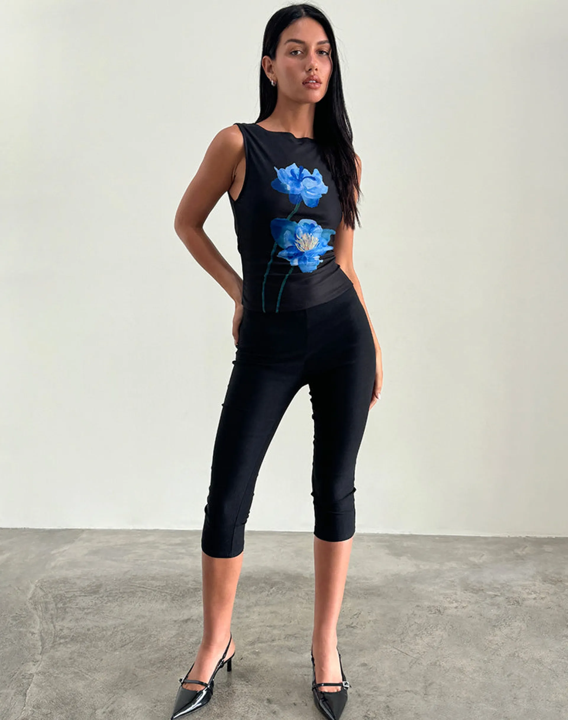 Motel Rocks Vest Tops | Printed Tops-Hala Top in Black with Blue Watercolour Flower BlackwithBlueWatercolourFlower