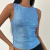 Motel Rocks Co-Ords | Vest Tops-Hala Top in Drape Mini Sequin Light Blue MiniSequinLightBlue
