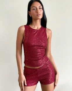 Motel Rocks Co-Ords | Vest Tops-Hala Top in Drape Mini Sequin Maroon DrapeMiniSequinMaroon