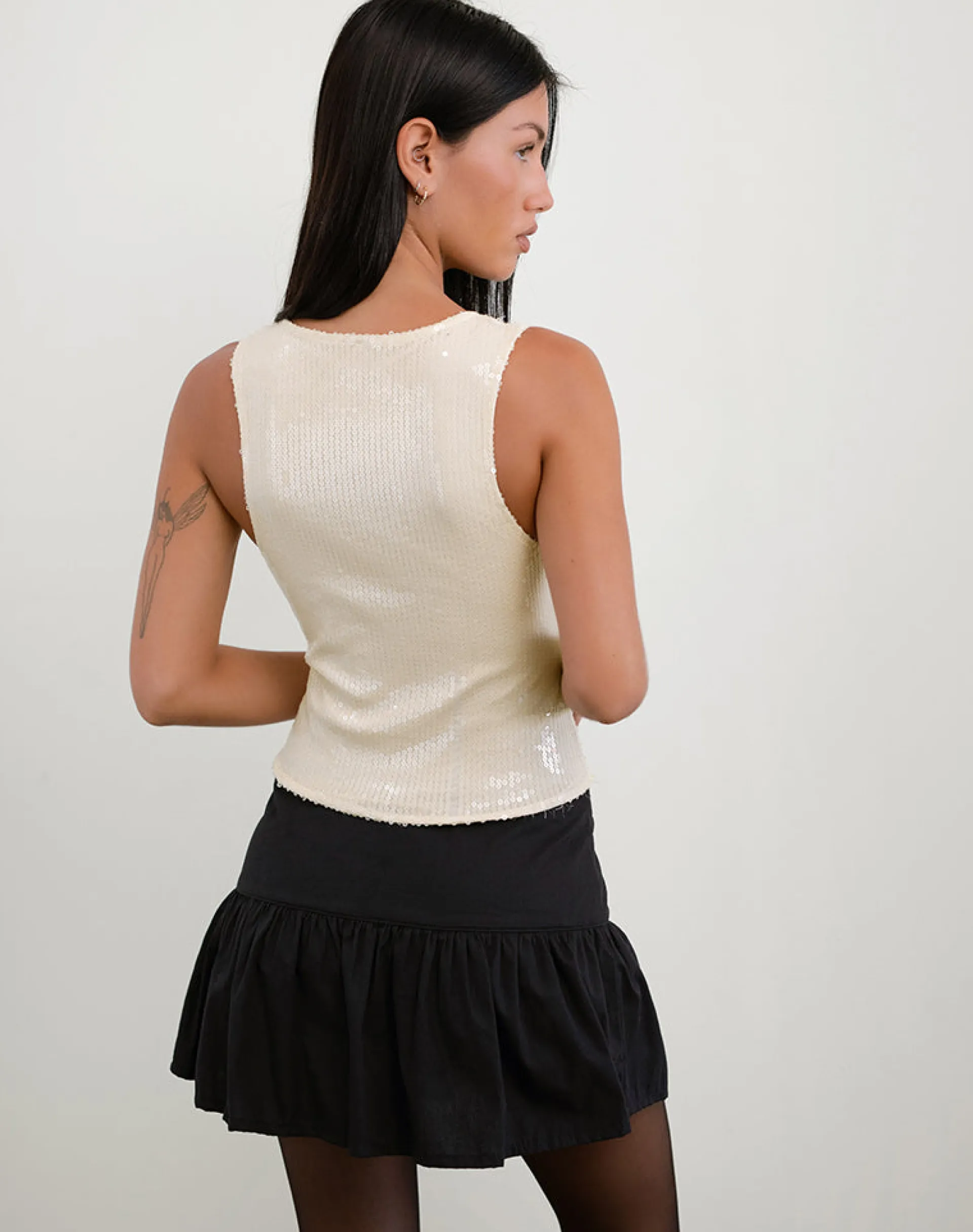 Motel Rocks Vest Tops | Going Out Tops-Hala Top in Nude Clear Tinted Sequin NudeClearTintedDisc