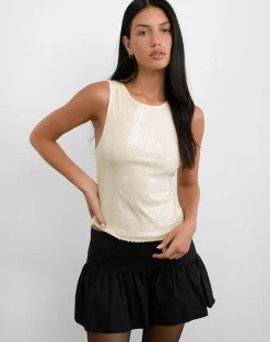 Motel Rocks Vest Tops | Going Out Tops-Hala Top in Nude Clear Tinted Sequin NudeClearTintedDisc