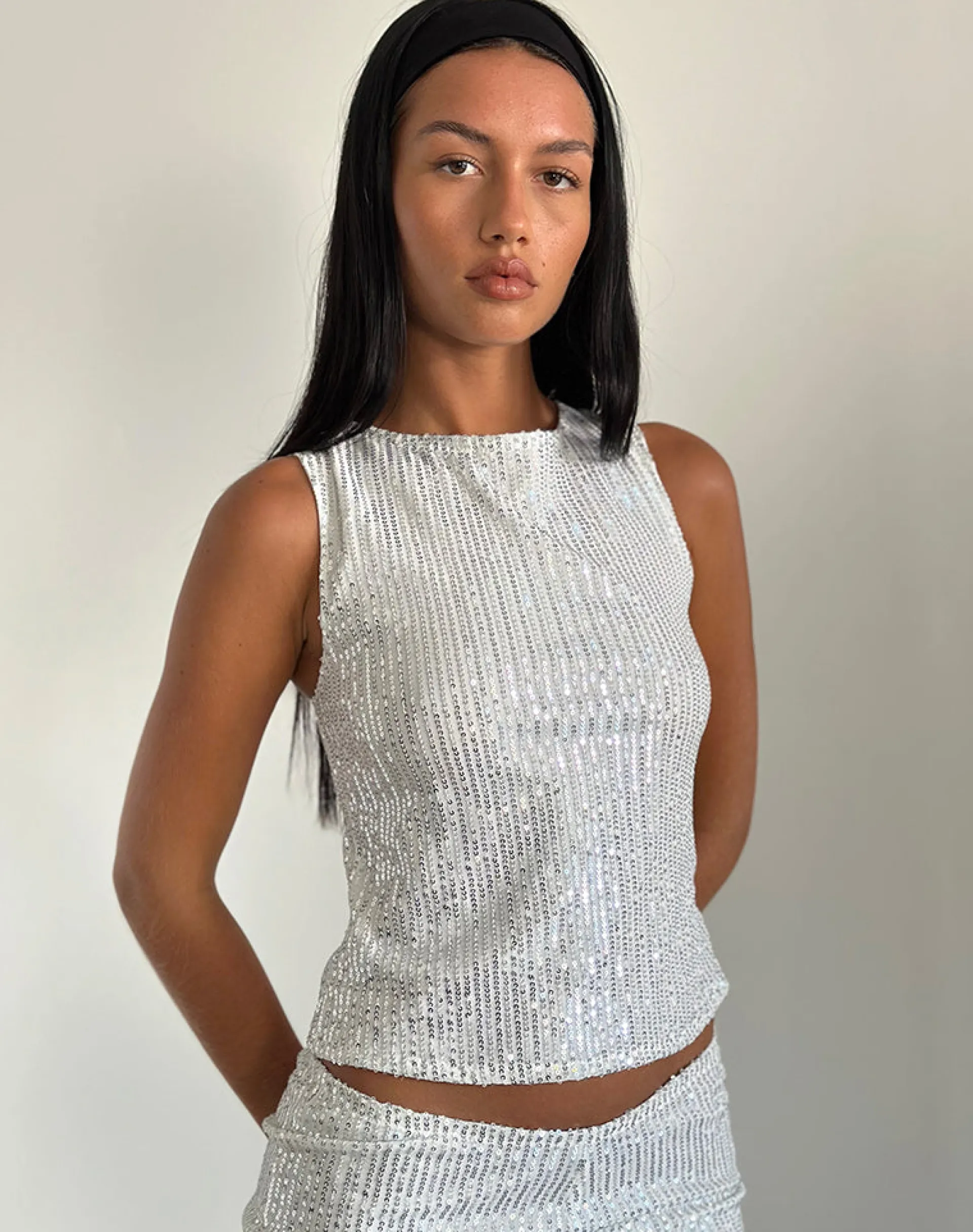 Motel Rocks Co-Ords | Sequin Tops-Hala Top in Silver Chrome Drape Mini Sequin SilverChromeDrapeMiniSequin