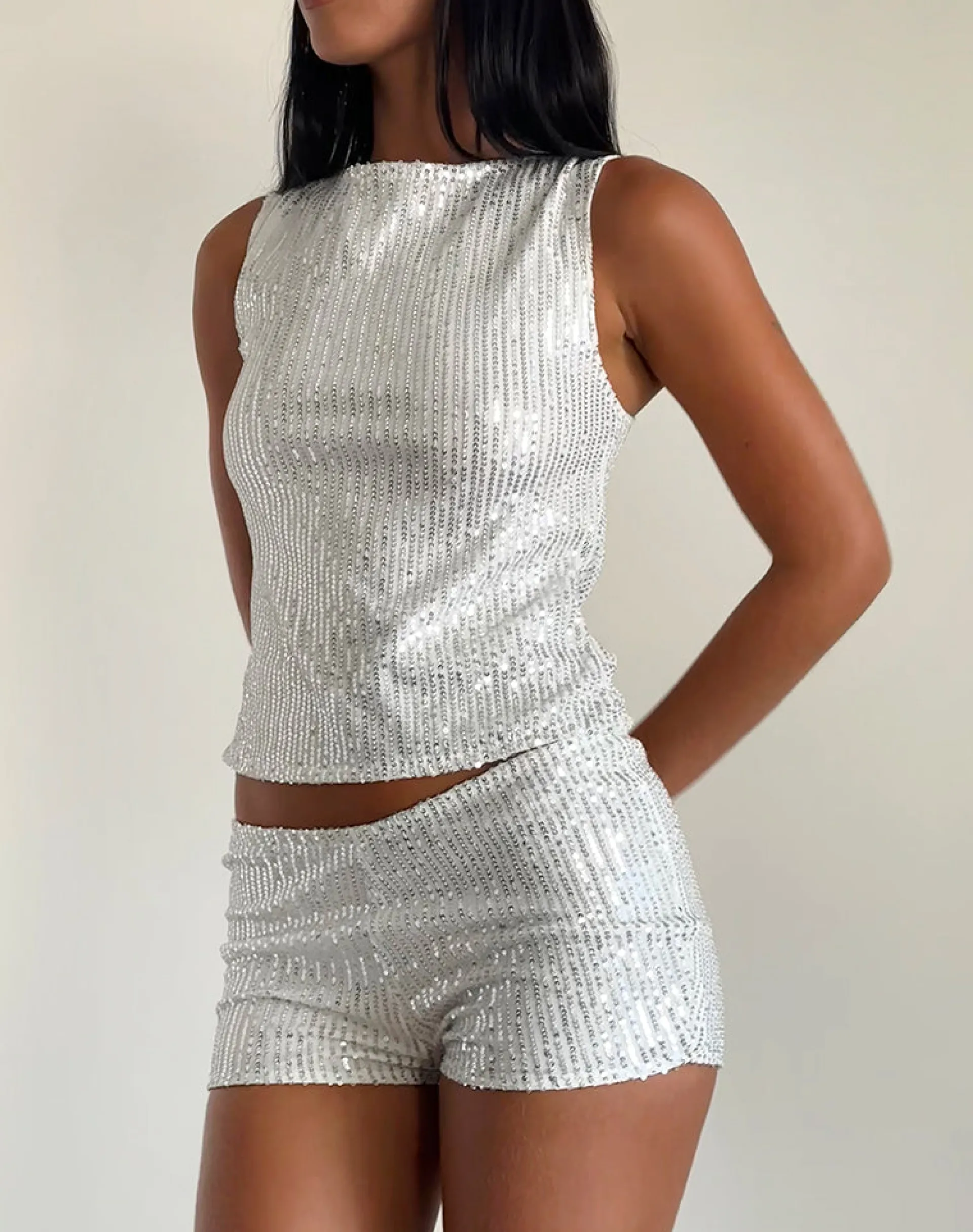 Motel Rocks Co-Ords | Sequin Tops-Hala Top in Silver Chrome Drape Mini Sequin SilverChromeDrapeMiniSequin