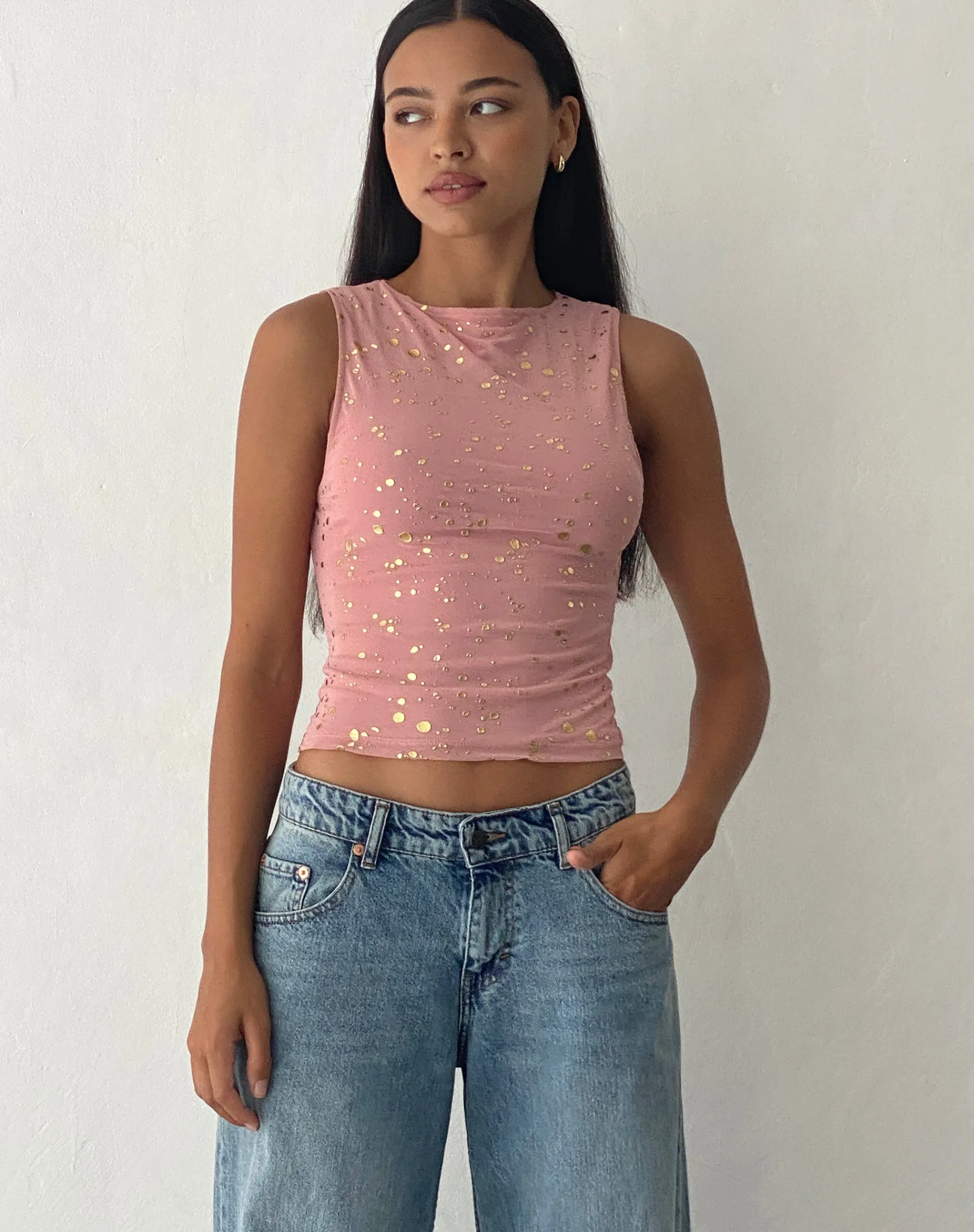 Motel Rocks Vest Tops | Printed Tops-Hala Vest Top in Pink with Rose Gold Foil PinkwithRoseGoldFoil