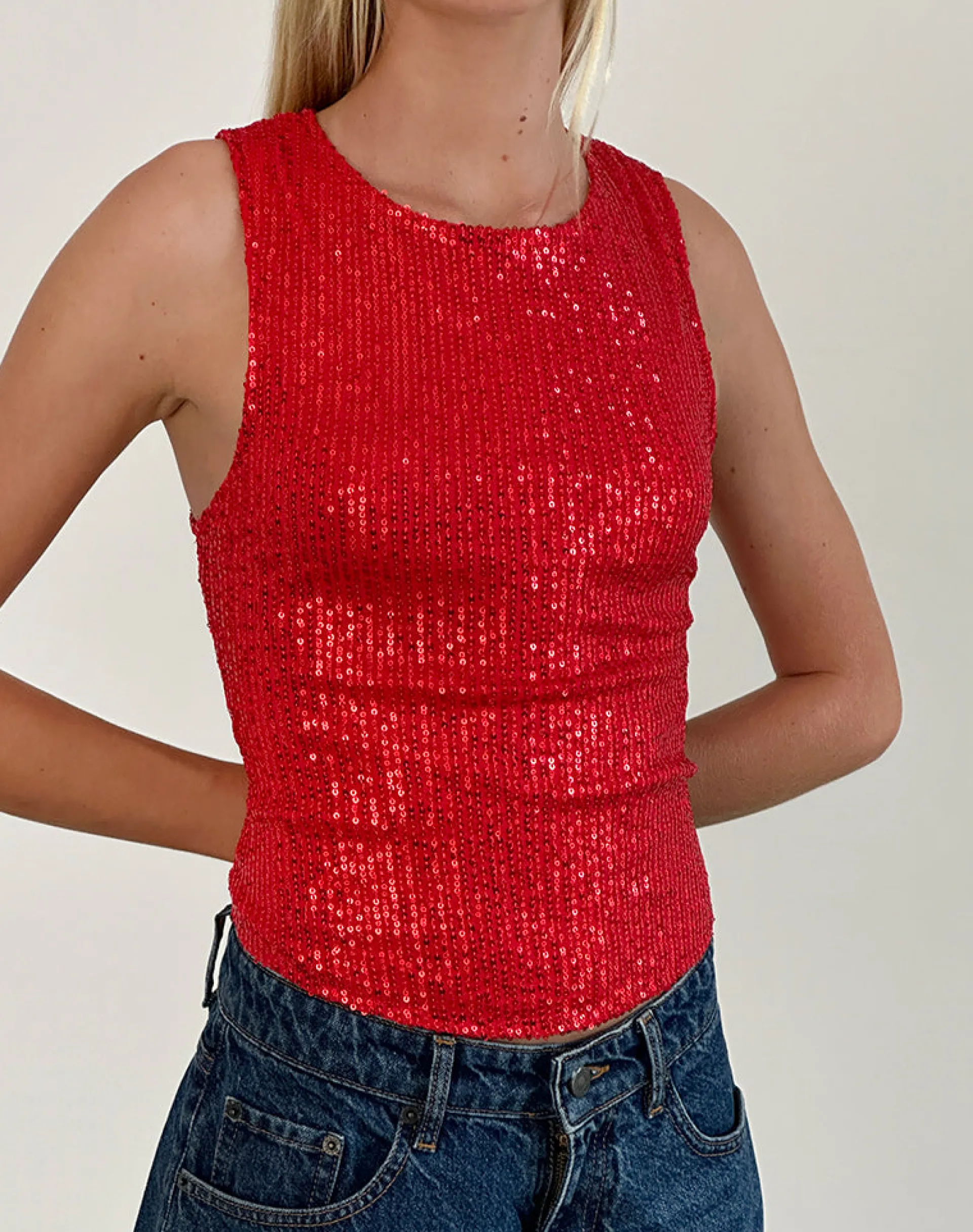 Motel Rocks Co-Ords | Vest Tops-Hala Vest Top in Red Drape Mini Sequin