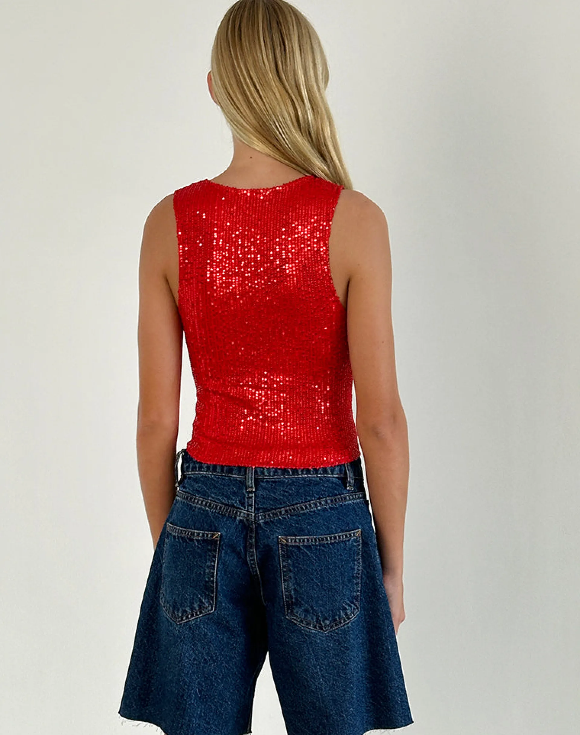 Motel Rocks Co-Ords | Vest Tops-Hala Vest Top in Red Drape Mini Sequin