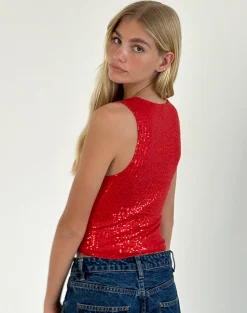 Motel Rocks Co-Ords | Vest Tops-Hala Vest Top in Red Drape Mini Sequin