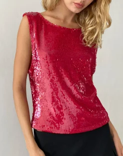 Motel Rocks Sequin Tops | Going Out Tops-Hala Vest Top in Sequin Red SequinRed