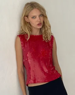 Motel Rocks Sequin Tops | Going Out Tops-Hala Vest Top in Sequin Red SequinRed