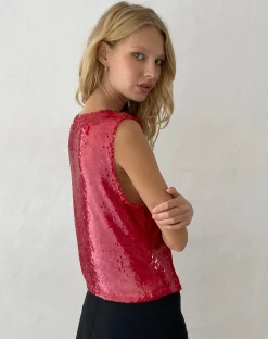 Motel Rocks Sequin Tops | Going Out Tops-Hala Vest Top in Sequin Red SequinRed
