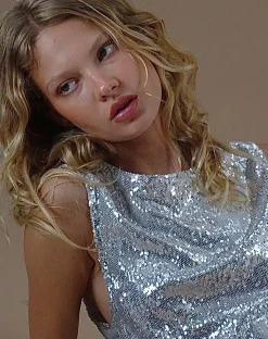 Motel Rocks Vest Tops | Sequin Tops-Hala Vest Top in Silver Chrome SilverChrome