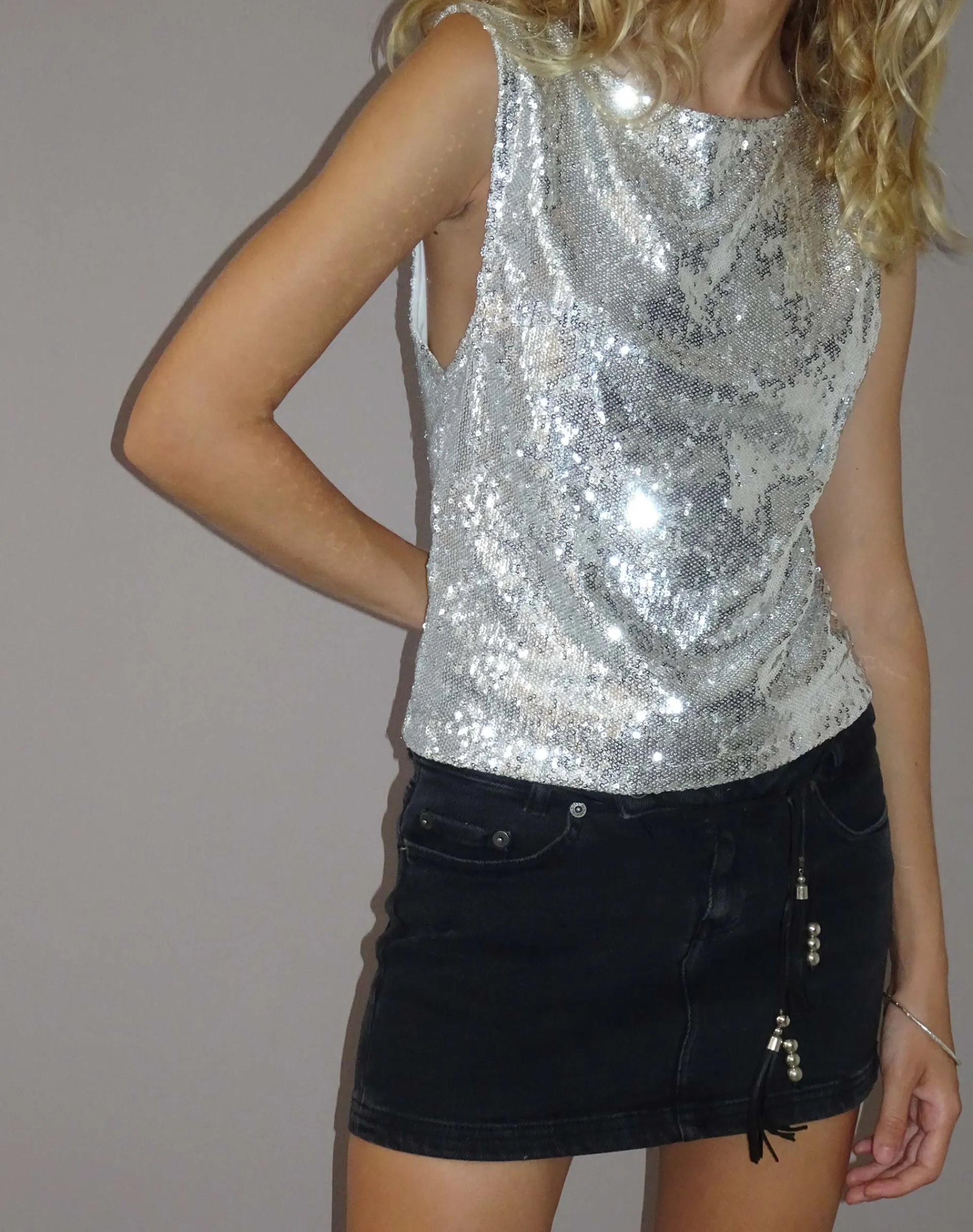 Motel Rocks Vest Tops | Sequin Tops-Hala Vest Top in Silver Chrome SilverChrome