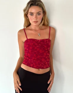 Motel Rocks Printed Tops | Strappy Tops-Hali Cami Top in Grunge Floral Flock Red GrungeFloralFlockRed