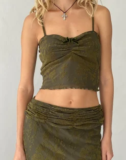 Motel Rocks Strappy Tops-Halusi Crop Top in Abstract Botanic Dark Olive AbstractBotanicDarkOlive