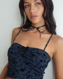 Motel Rocks Printed Tops-Halusi Crop Top in Pretty Petal Flock Black PrettyPetalFlockBlack
