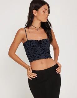 Motel Rocks Printed Tops-Halusi Crop Top in Pretty Petal Flock Black PrettyPetalFlockBlack
