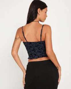 Motel Rocks Printed Tops-Halusi Crop Top in Pretty Petal Flock Black PrettyPetalFlockBlack
