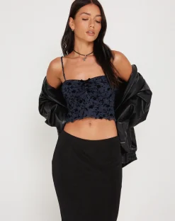 Motel Rocks Printed Tops-Halusi Crop Top in Pretty Petal Flock Black PrettyPetalFlockBlack