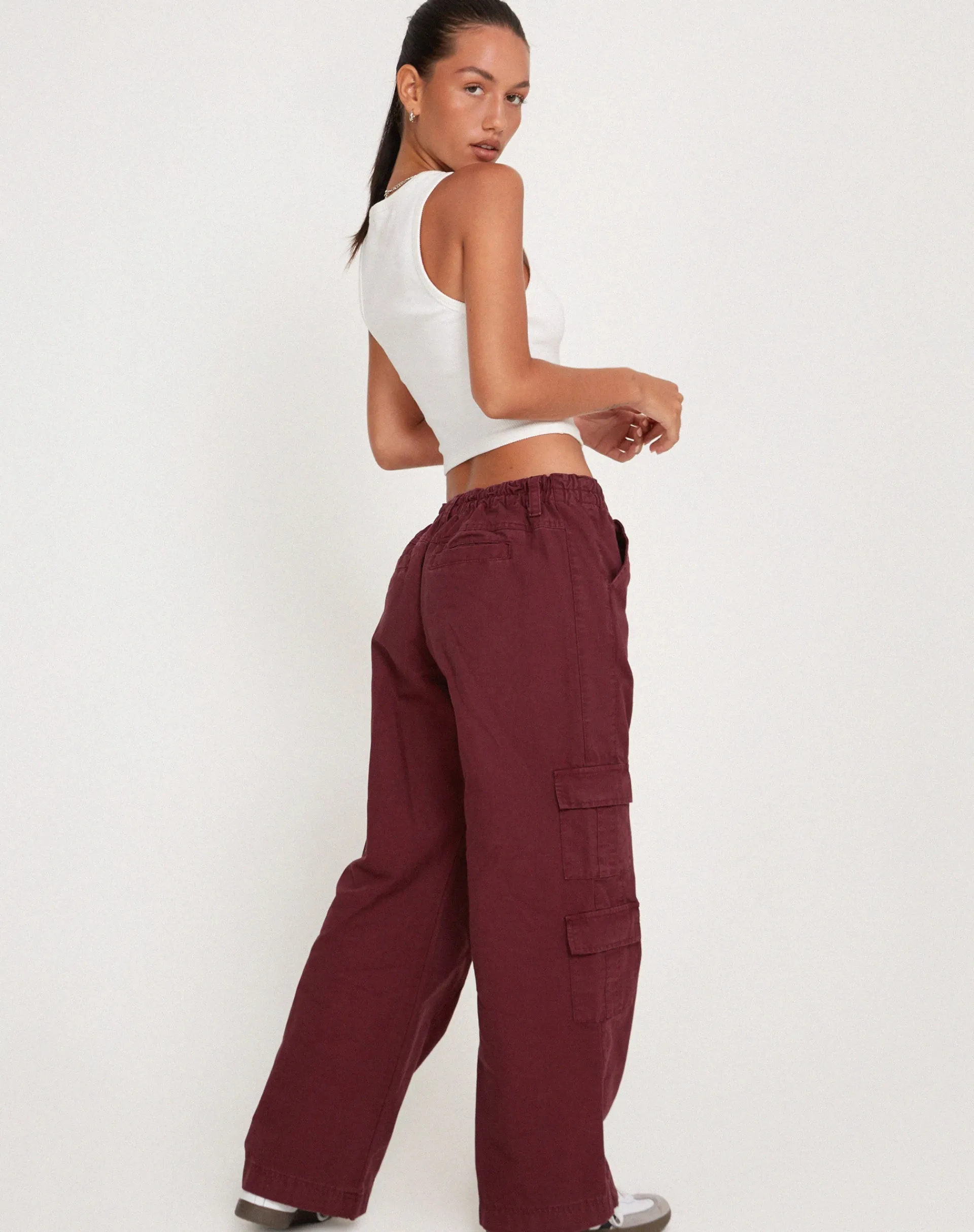 Motel Rocks Wide Leg Pants-Hansa Cargo Trouser in Burgundy