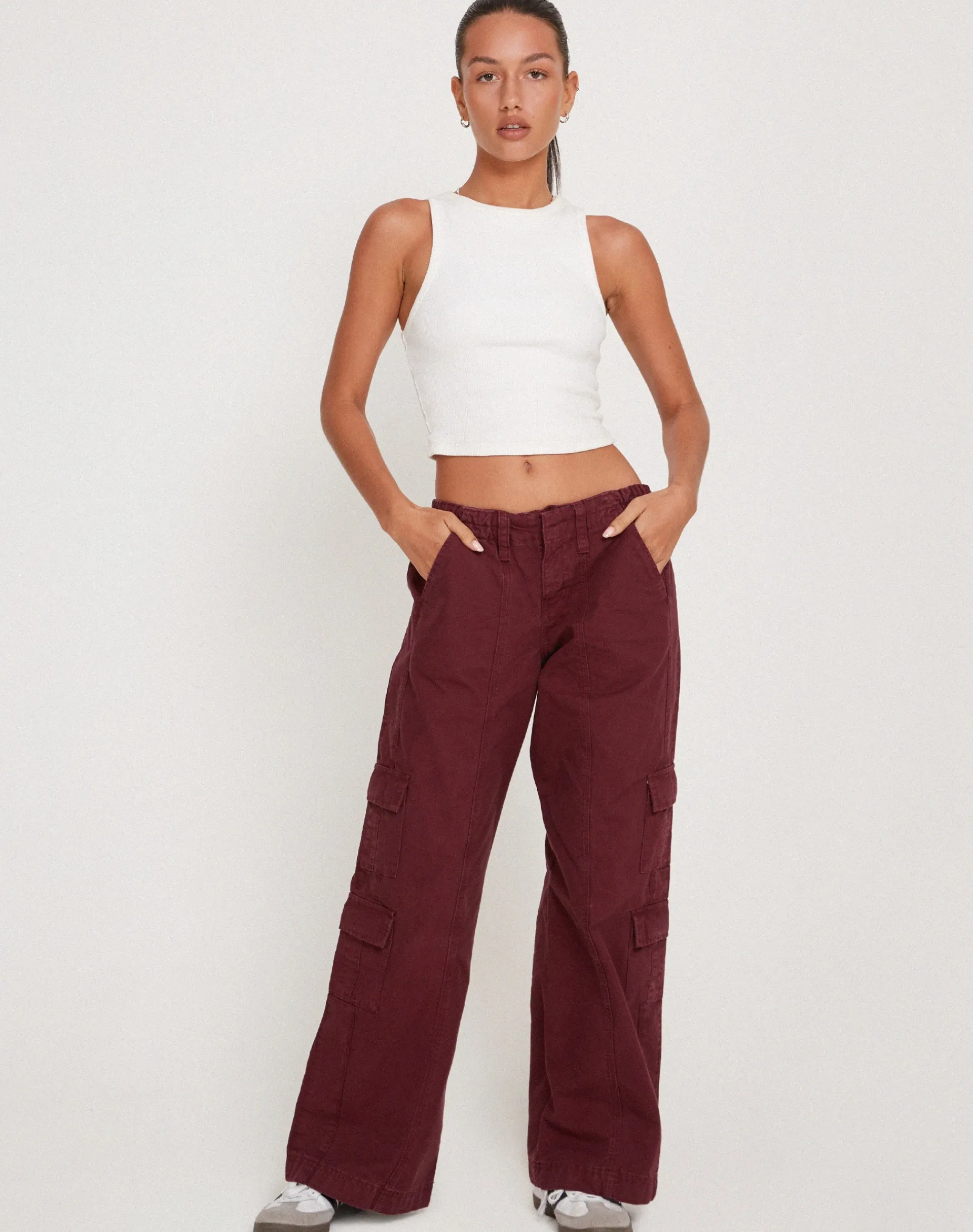 Motel Rocks Wide Leg Pants-Hansa Cargo Trouser in Burgundy