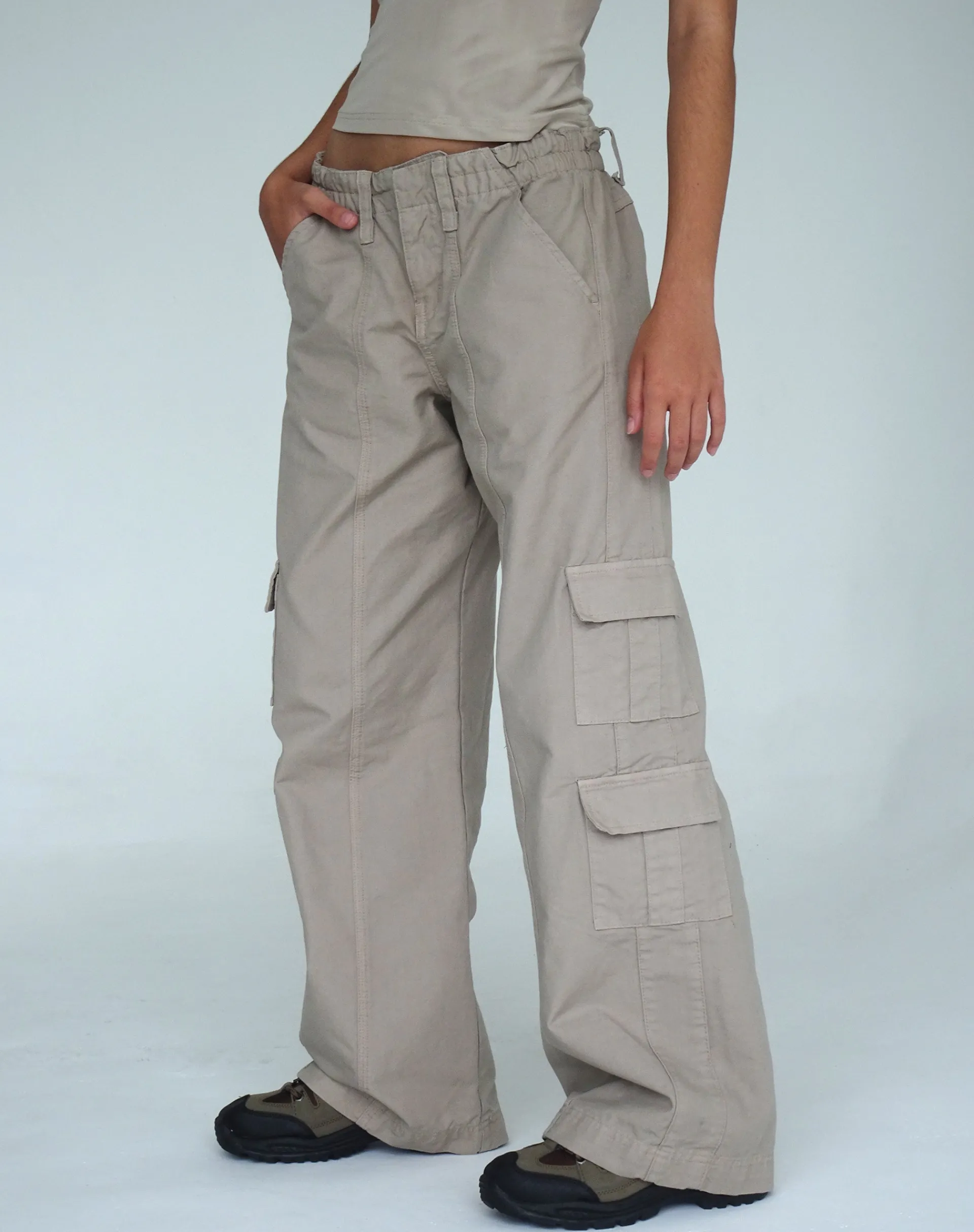 Motel Rocks Wide Leg Pants-Hansa Cargo Trouser in Stone