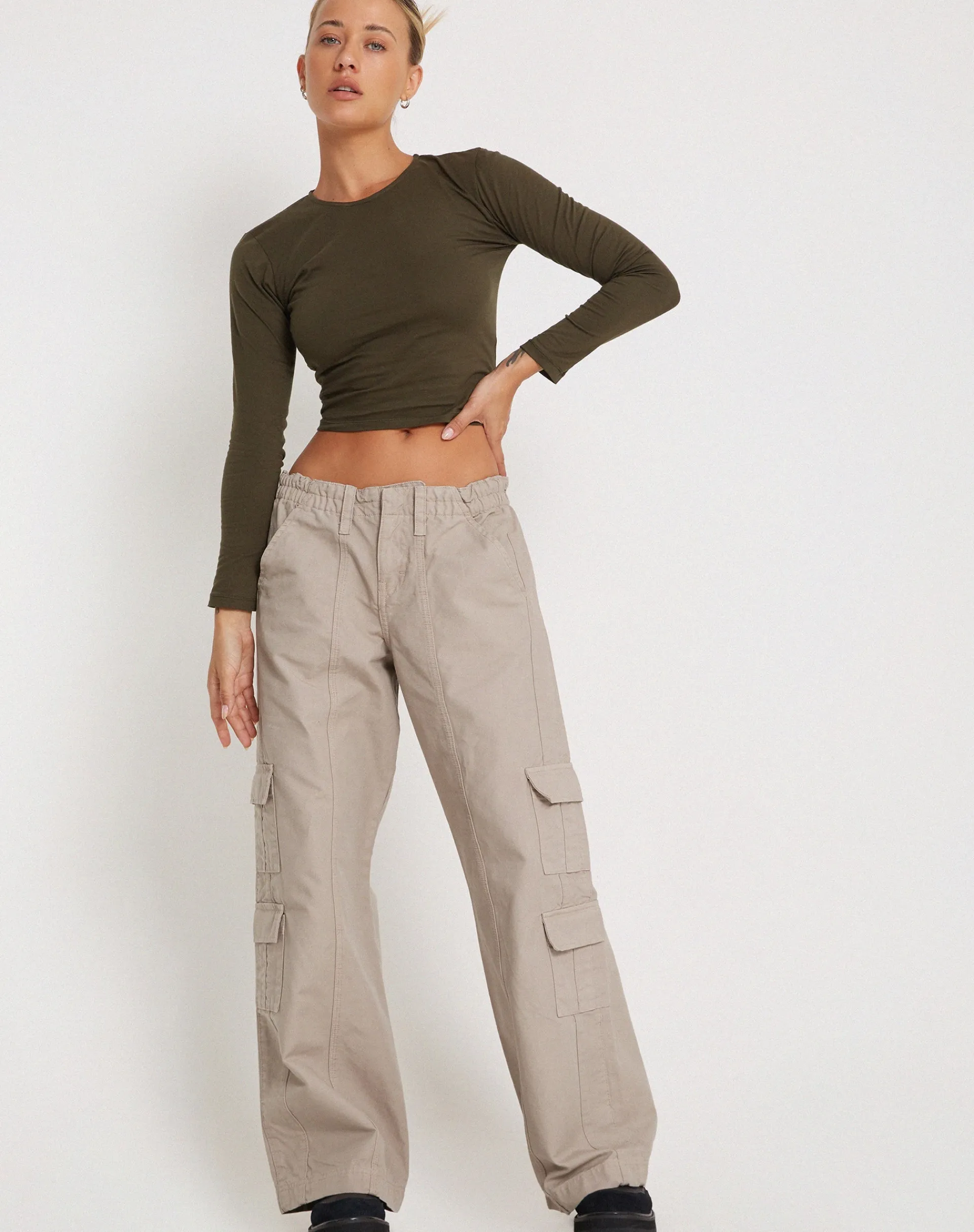 Motel Rocks Wide Leg Pants-Hansa Cargo Trouser in Stone
