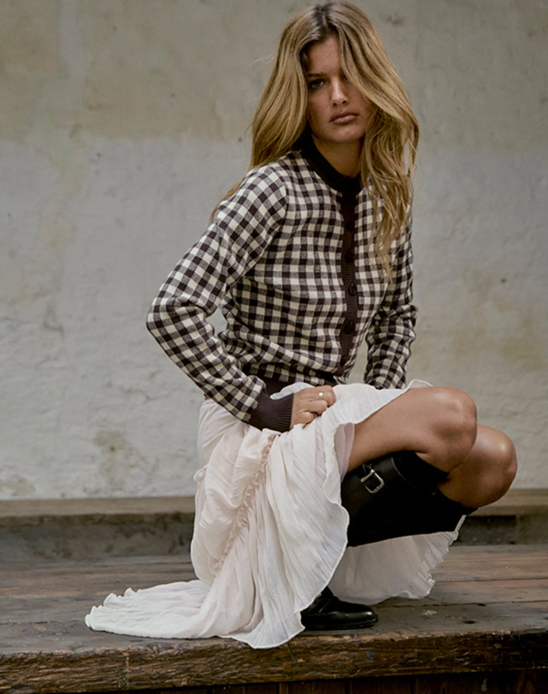 Motel Rocks Cardigans-Hanudia Cardi in Gingham Brown