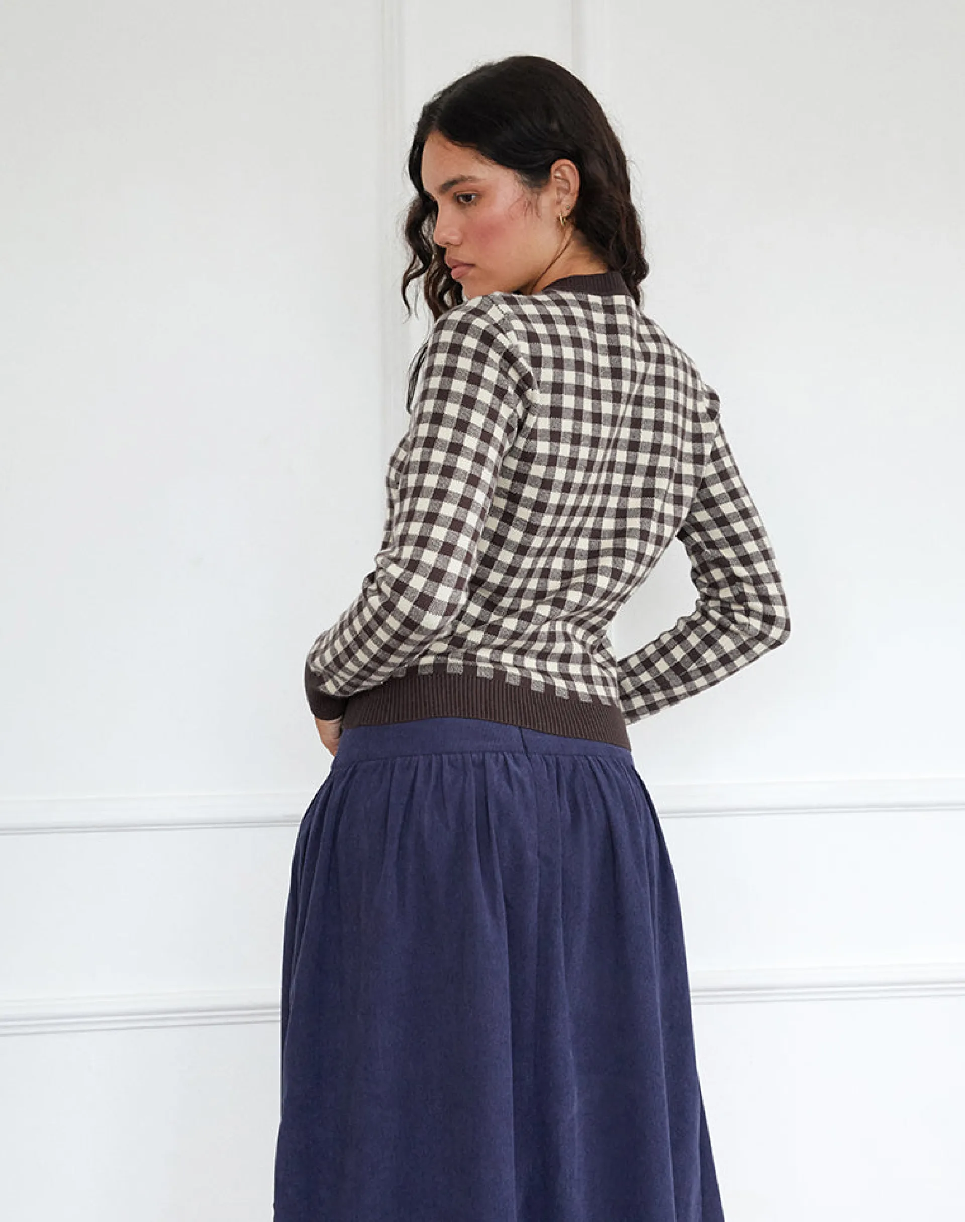 Motel Rocks Cardigans-Hanudia Cardi in Gingham Brown