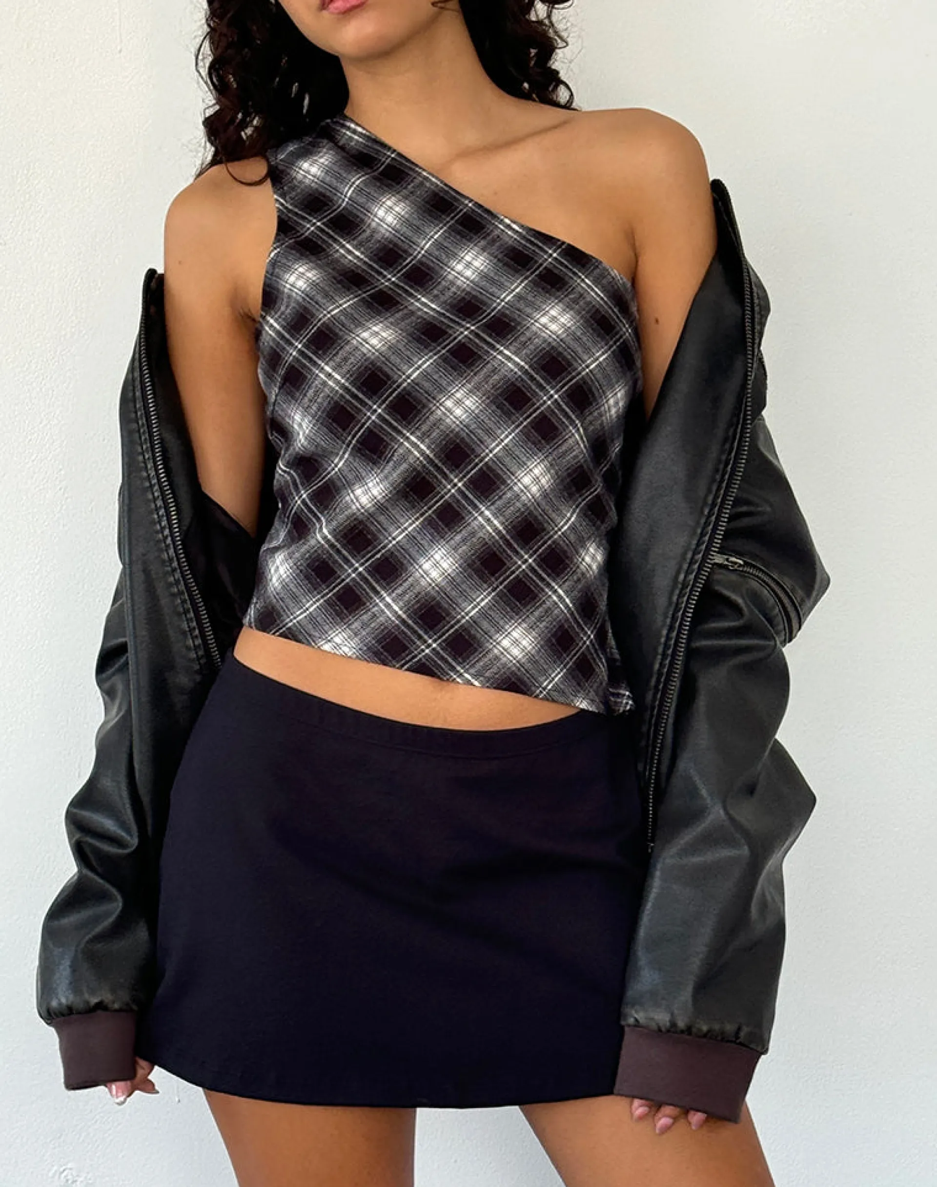 Motel Rocks Printed Tops | Going Out Tops-Harini One Shoulder Top in Black White Check