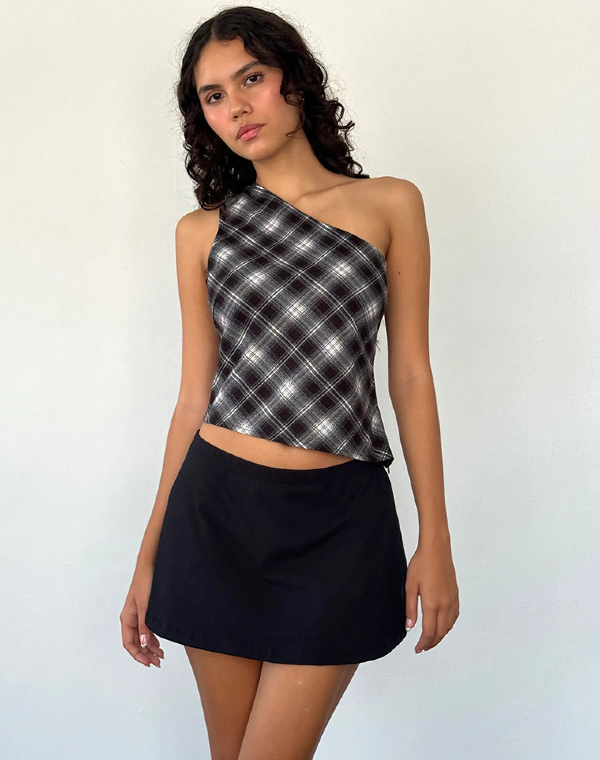 Motel Rocks Printed Tops | Going Out Tops-Harini One Shoulder Top in Black White Check