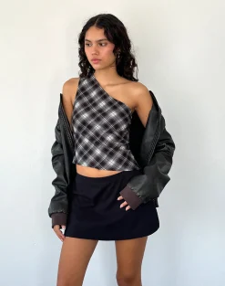 Motel Rocks Printed Tops | Going Out Tops-Harini One Shoulder Top in Black White Check