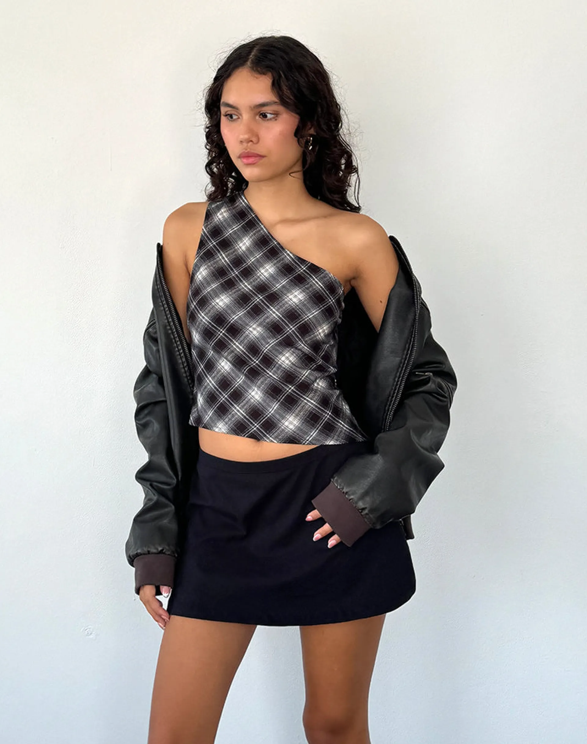 Motel Rocks Printed Tops | Going Out Tops-Harini One Shoulder Top in Black White Check
