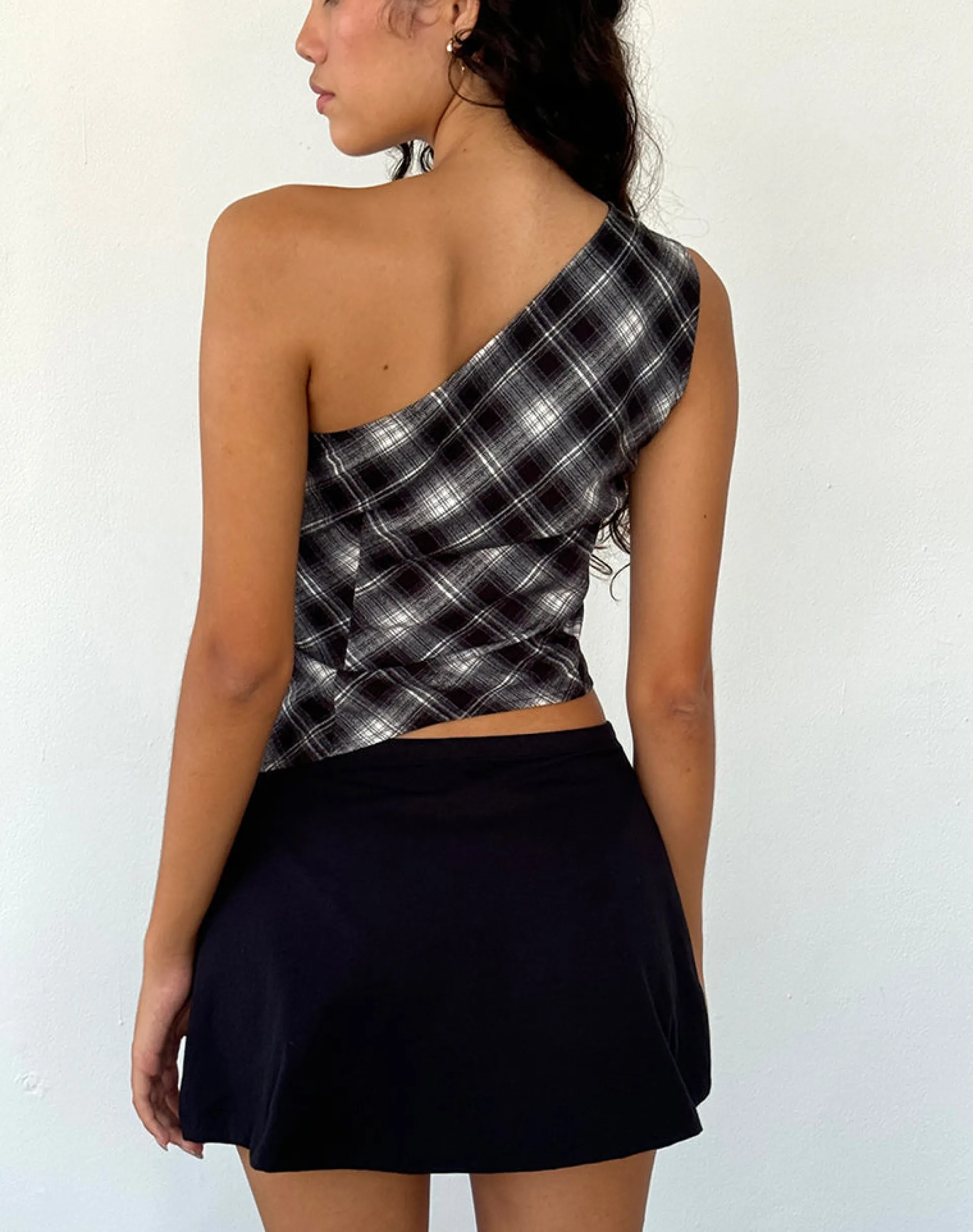 Motel Rocks Printed Tops | Going Out Tops-Harini One Shoulder Top in Black White Check
