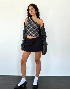 Motel Rocks Printed Tops | Going Out Tops-Harini One Shoulder Top in Black White Check