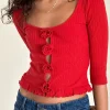 Motel Rocks Long Sleeve Tops-Harpan Rosette Front Top in Red