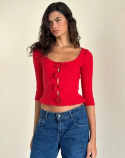 Motel Rocks Long Sleeve Tops-Harpan Rosette Front Top in Red