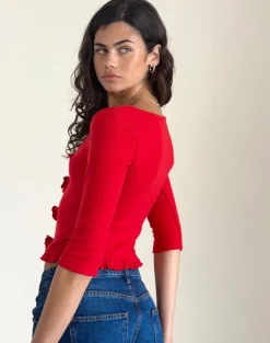 Motel Rocks Long Sleeve Tops-Harpan Rosette Front Top in Red