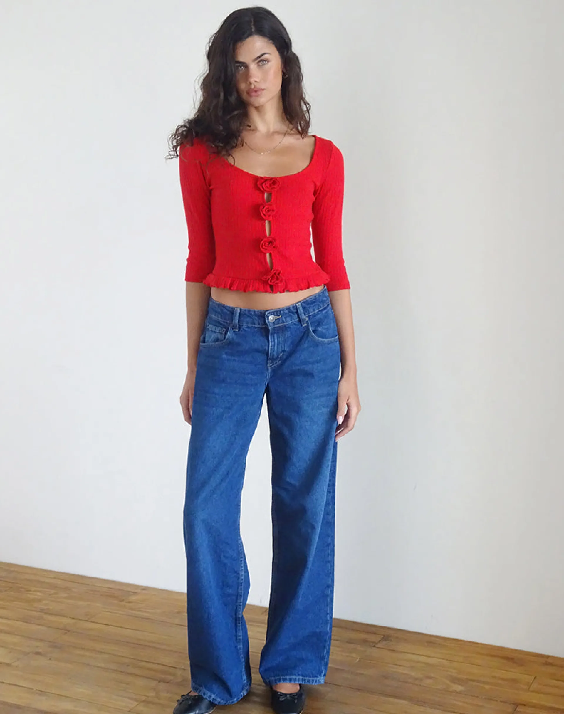 Motel Rocks Long Sleeve Tops-Harpan Rosette Front Top in Red