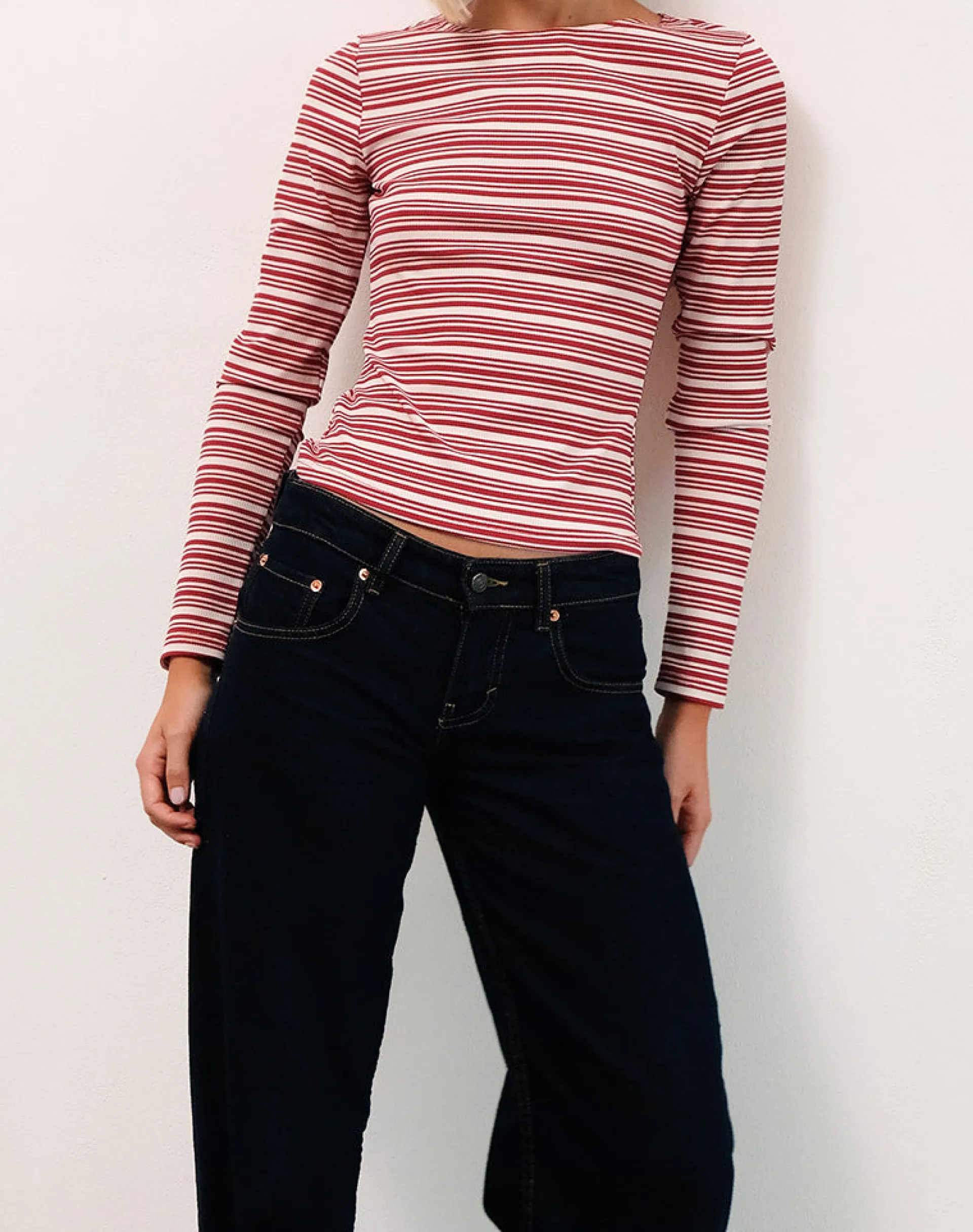 Motel Rocks Long Sleeve Tops-Haruka Top in Stripe Red and White