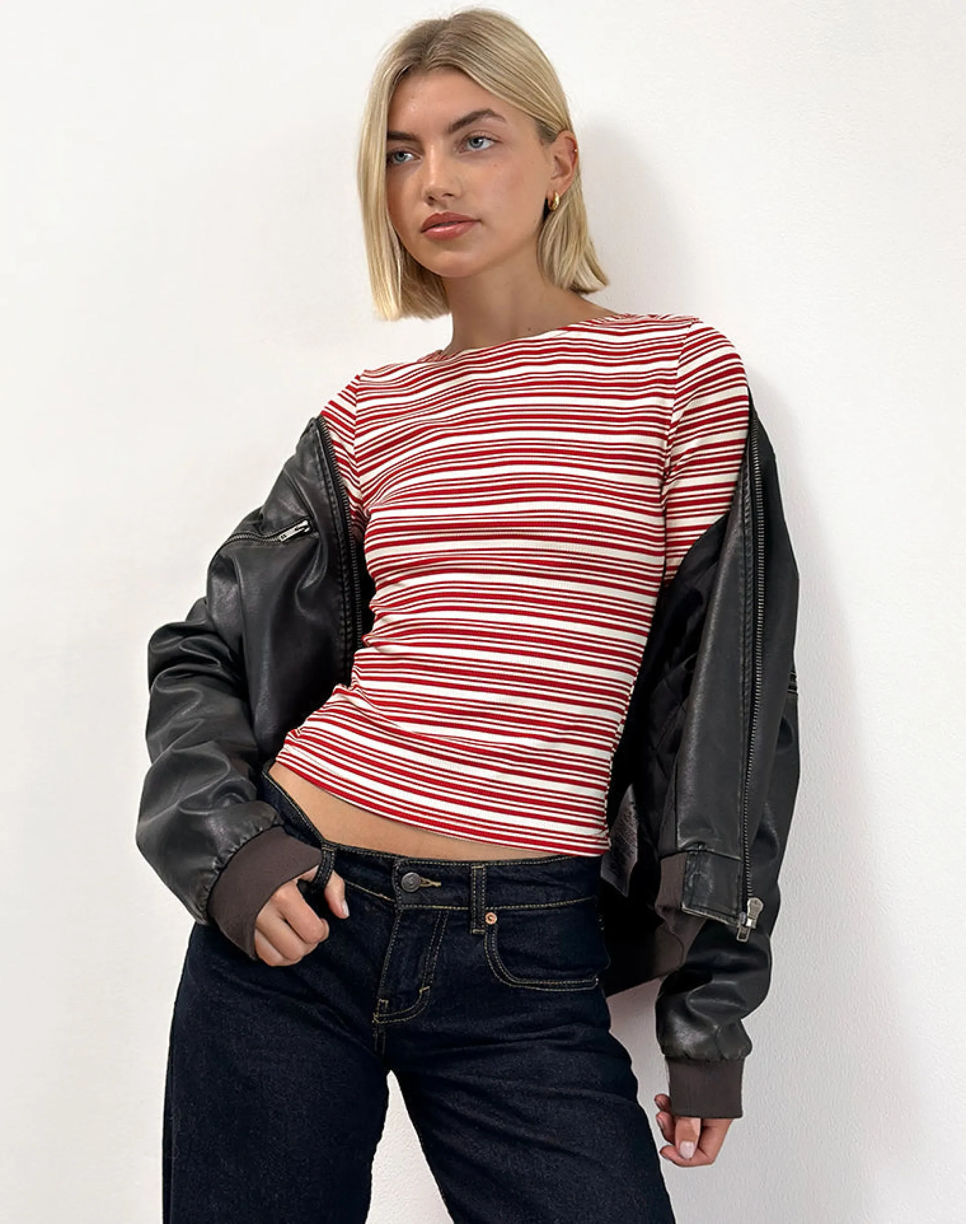 Motel Rocks Long Sleeve Tops-Haruka Top in Stripe Red and White