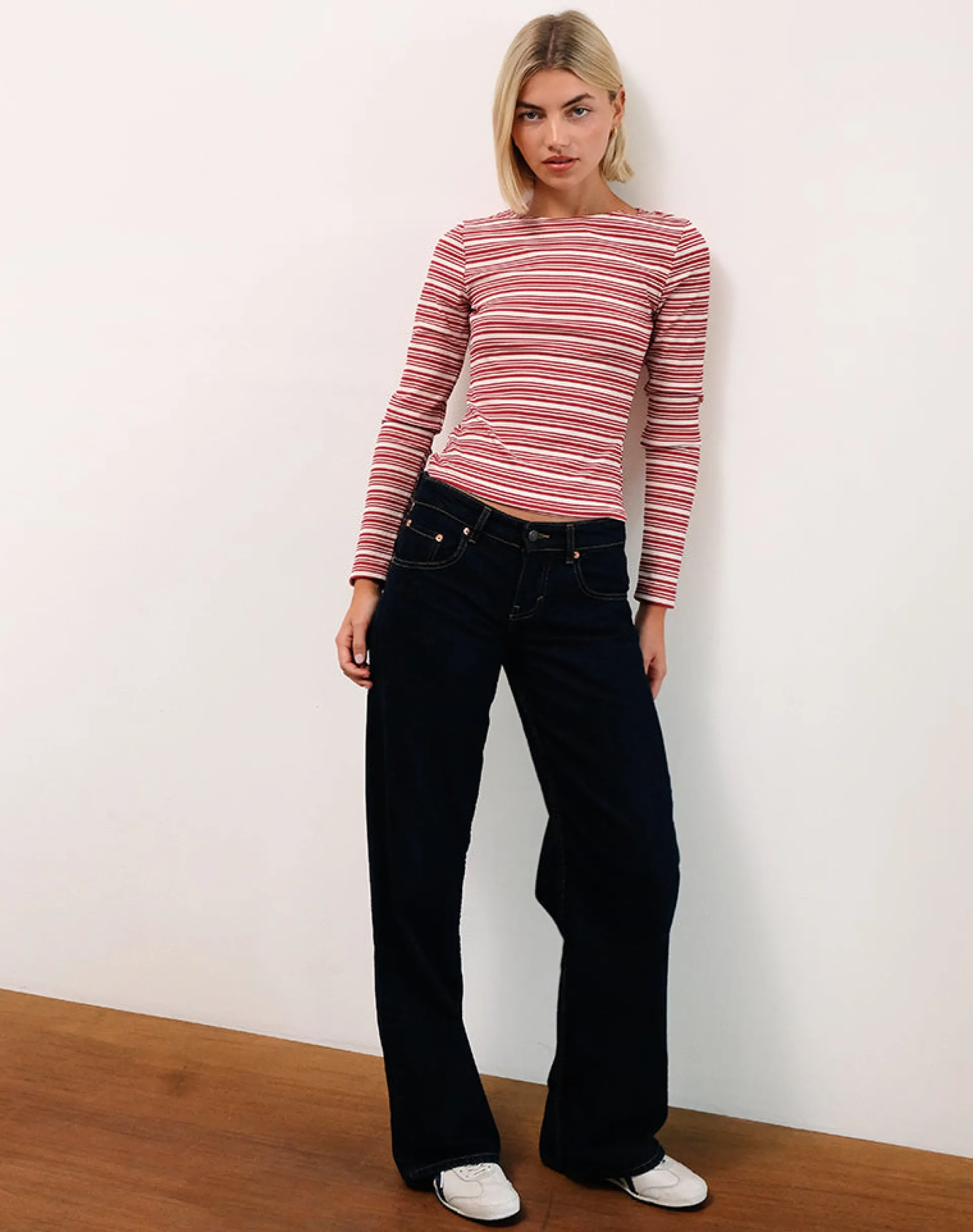 Motel Rocks Long Sleeve Tops-Haruka Top in Stripe Red and White