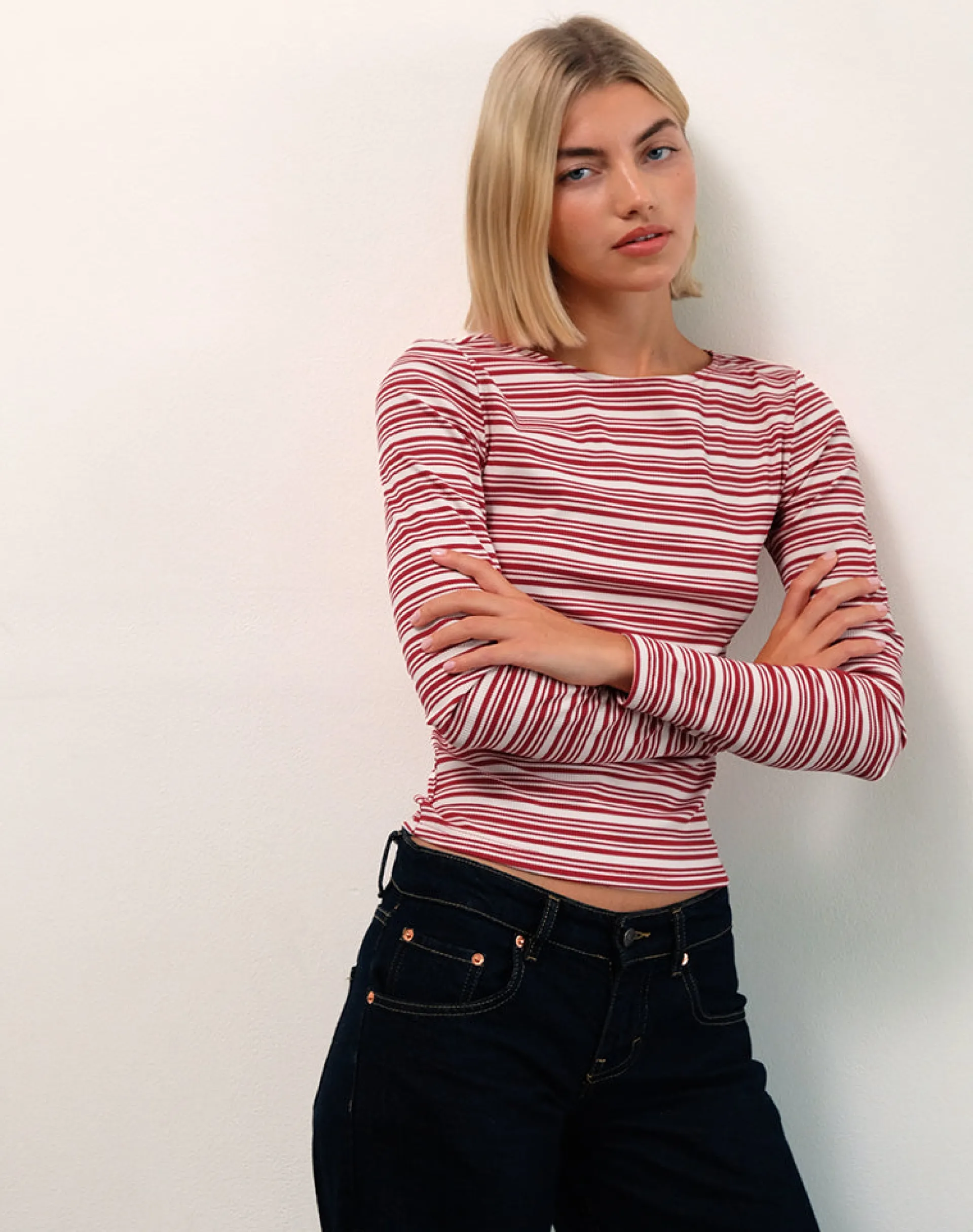 Motel Rocks Long Sleeve Tops-Haruka Top in Stripe Red and White