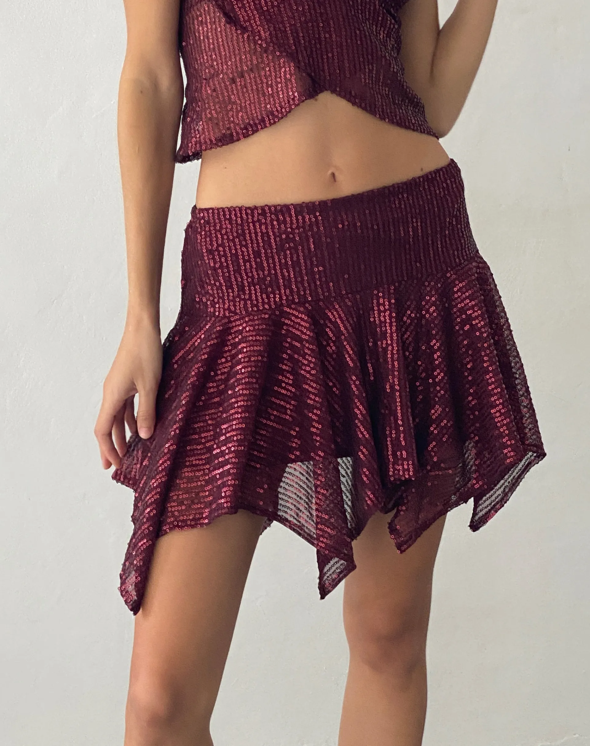 Motel Rocks Mini Skirts-Helga Waterfall Mini Skirt in Sequin Burgundy