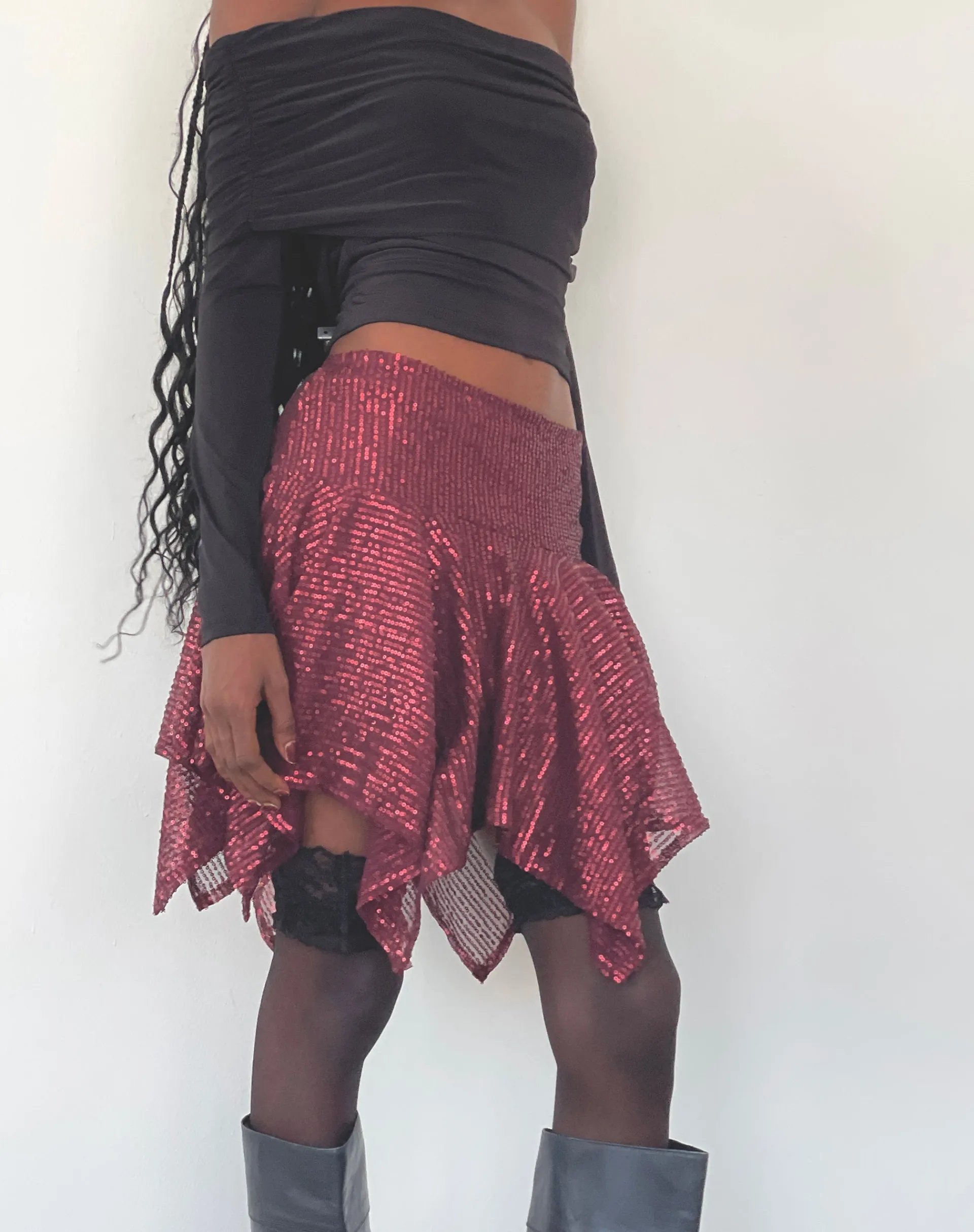 Motel Rocks Mini Skirts-Helga Waterfall Mini Skirt in Sequin Burgundy