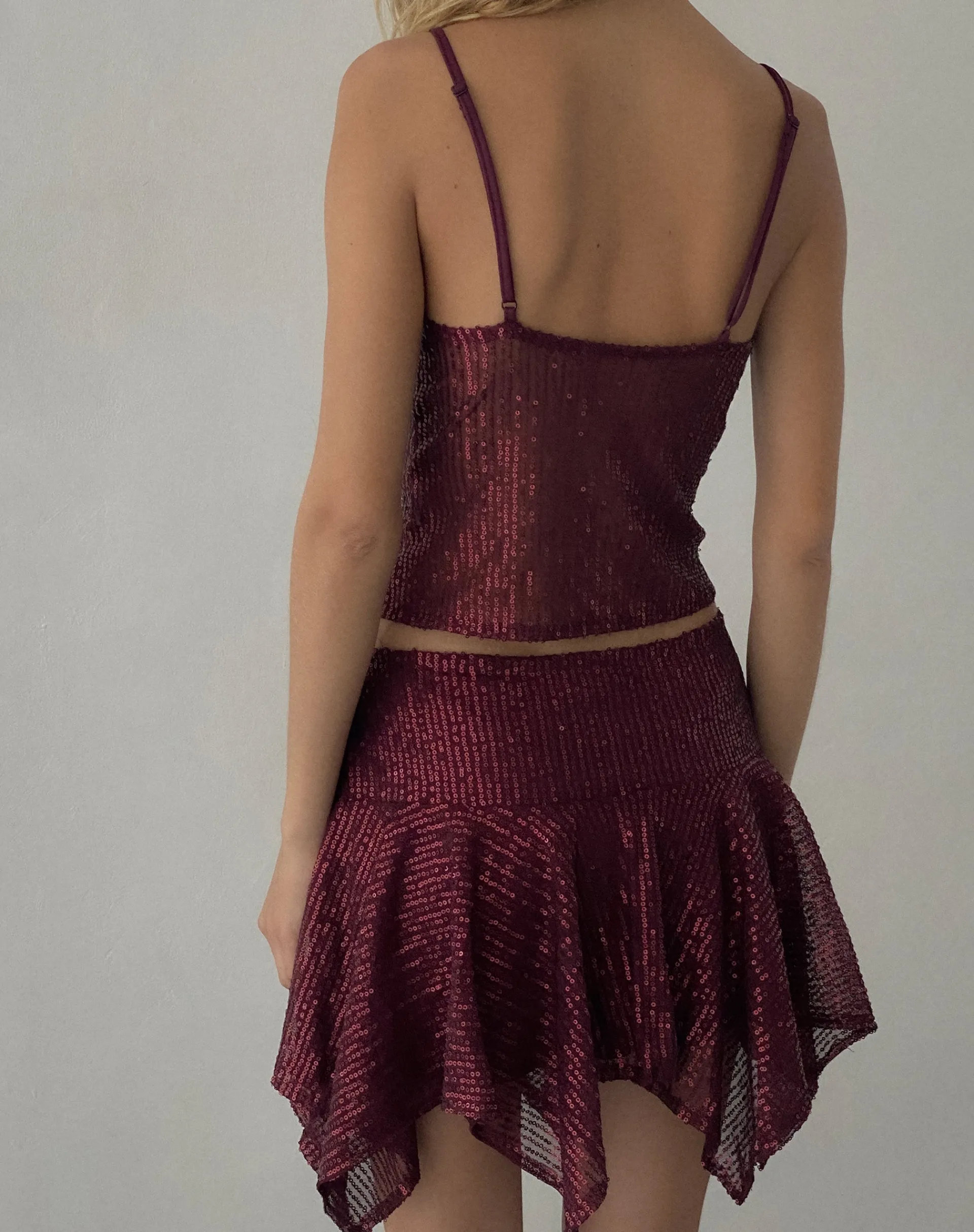 Motel Rocks Mini Skirts-Helga Waterfall Mini Skirt in Sequin Burgundy