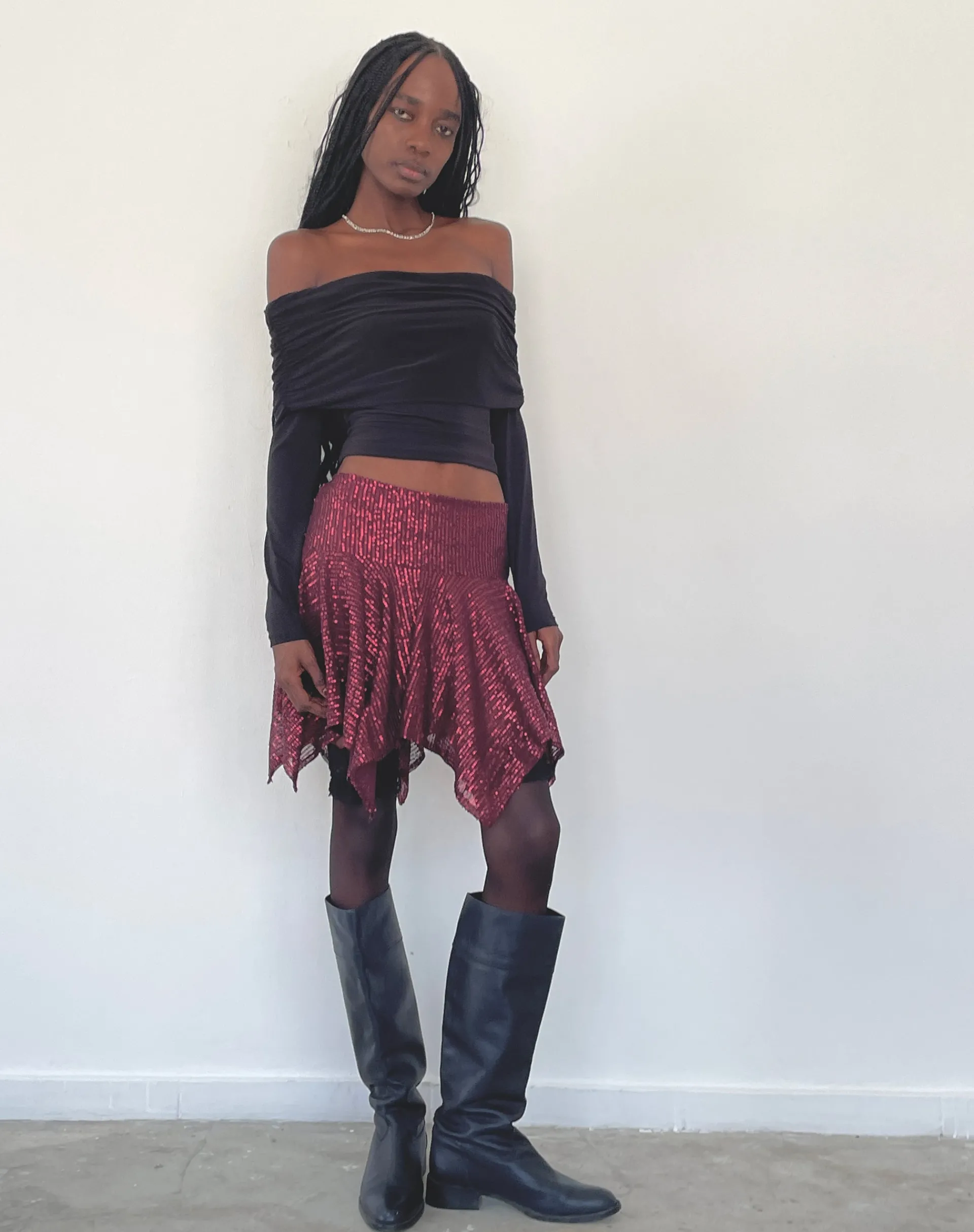 Motel Rocks Mini Skirts-Helga Waterfall Mini Skirt in Sequin Burgundy