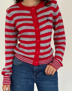 Motel Rocks Co-Ords | Cardigans-Henidar Cardigan in Red and Grey Stripe with Cherry Emb