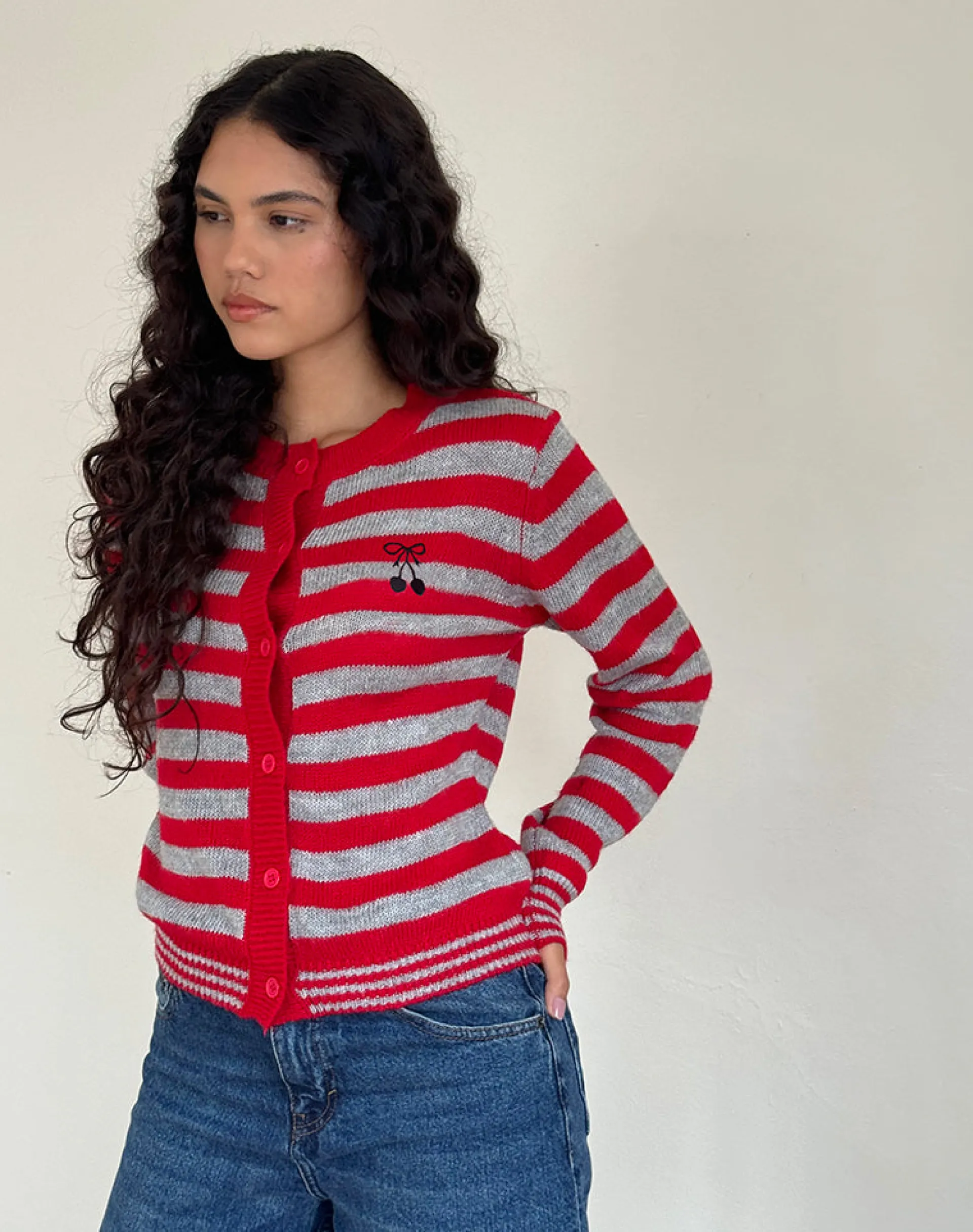 Motel Rocks Co-Ords | Cardigans-Henidar Cardigan in Red and Grey Stripe with Cherry Emb